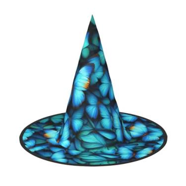 Imagem de SKKNT Many Blue Butterfly Print Halloween Witch Hat Unissex Carnaval Fantasia Acessório Boné Festas Eventos Temáticos