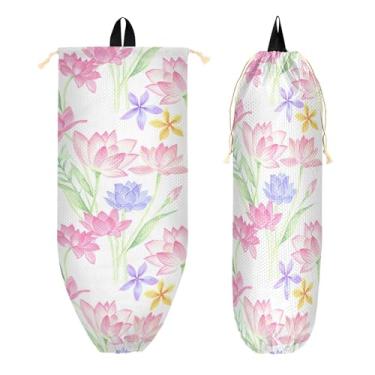 Imagem de xigua Suporte de parede para saco plástico de flores de lótus com cordão, 1 pacote, organizador de sacolas de supermercado reutilizável para bolsas, meias, roupas íntimas e gravatas