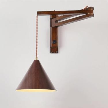 Imagem de Luminária de parede ajustável com braço giratório de madeira e interruptor, estilo retrô, para uso interno. Ideal para leitura em paredes e como luminária de cabeceira. Tomada E27 para sala