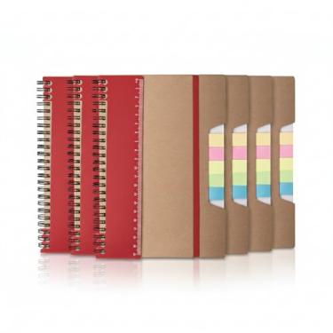 Imagem de Caderno Ecológico com Capa de Papel Kraft, 21x14cm, 70 Folhas Pautadas, Régua Destacável, Sticky Notes Coloridos, Bloco de Anotações, Elástico (5, Vermelho)