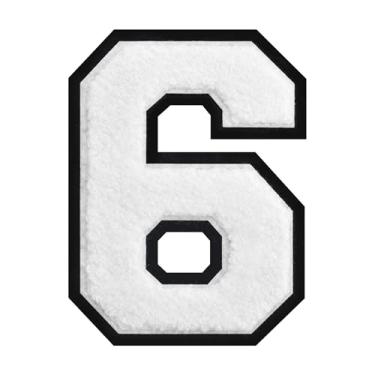 Imagem de 1 peça de patch de número de chenille de ferro branco de 15 cm com borda preta – adesivos do alfabeto para roupas, jaquetas, mochilas, chapéus para decoração personalizada, nome personalizado e