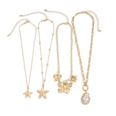 Imagem de Colar empilhável em camadas douradas de 4 peças, colar gargantilha de pérolas de estrela do mar grande para mulheres acessórios de joias grossas da moda, Large, Liga de aço, Sem Pedra Preciosa