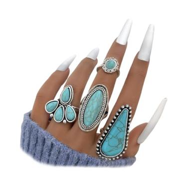 Imagem de Conjunto de anéis vintage turquesa ocidentais para mulheres, exagerados volumosos ovais florais de cobra, joia rústica em camadas Boho Stack, Liga de aço, Sem pedra preciosa