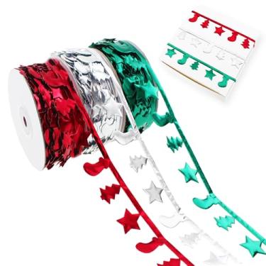 Imagem de Vignor Tree-Star-Sock Rolo de Tecido Renda Fio de Costura Corda para Embrulho de Presente Decoração de Natal Artesanato DIY (60 metros Prata, Vermelho, Verde Pacote Sortido)