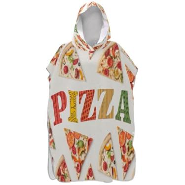 Imagem de Joisal Poncho de surfe branco com letras de pizza para trocador de roupa de praia com capuz toalha de banho feminina vestível ponchos com capuz