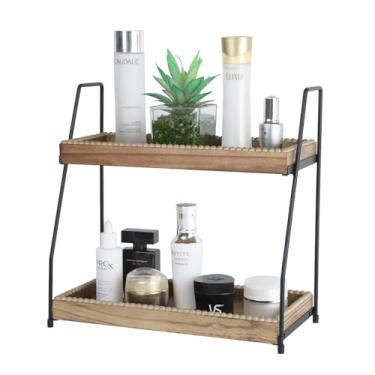 Imagem de Organizador de banheiro com 2 camadas, prateleira de bancada de madeira, para maquiagem, cuidados com a pele, perfume, joias, suporte para especiarias, natureza