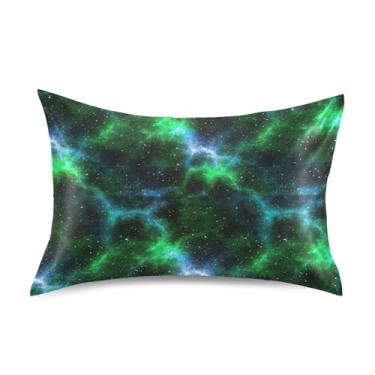 Imagem de Fronhas de cetim engraçadas refrescantes arte fofa King Queen almofadas padrão chinelos macios para cama queen tamanho 76.2 cm x 50.8 cm Cool Cosmic Nebula verde