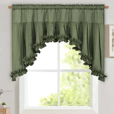 Imagem de Likiyol Sanefas de linho para janelas de casa de fazenda com babados e saia rústica para janela rural cortinas de cozinha com filtro de luz cortinas de cozinha com bolso de haste para banheiro café