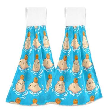 Imagem de Toalhas de mão personalizadas capivara azul primavera com laço pendurado conjunto de 2 toalhas de cozinha macias absorventes de outono fofas, 46 x 35 cm