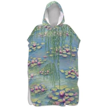 Imagem de Joisal Roupão para adultos poncho de surfe toalha de banho com capuz absorvente masculino poncho com capuz aquarela floral rosa nenúfares