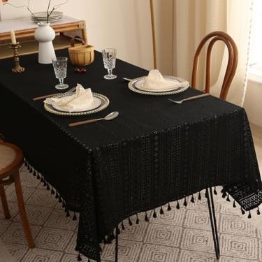 Imagem de Wuluwala Toalha de mesa de renda preta para mesas retangulares toalha de mesa rústica de tecido de fazenda com borlas toalha de mesa vintage sem rugas lavável para decoração de festa na cozinha 140 cm