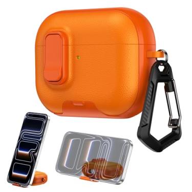 Imagem de Capa compatível com AirPods 4 2024, capa para AirPods 4ª geração com suporte de telefone embutido, capa protetora de dois tons, textura de couro à prova de choque, fecho de bloqueio seguro, mosquetão