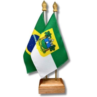 Imagem de Bandeira de Mesa Elegance Brasil e Rio Grande do Norte, Dupla Face, 19x13cm, Base Madeira 30cm Altura, Tecido Oxford, Decorativa, Escritório e Eventos