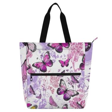 Imagem de GAIGEO Sacolas de trabalho florais coloridas com borboletas cor-de-rosa para mulheres, bolsas de mão de mão para professores com compartimentos