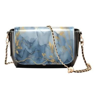 Imagem de Bolsa tiracolo quadrada com azul floral PU para mulheres, bolsa de ombro de couro sintético, bolsa de ombro transversal de couro, Aquarela azul e folhagem dourada - 2, One Size