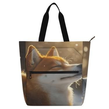 Imagem de GAIGEO Sacola escolar Happy Shiba Inu Art Book para mulheres e crianças reutilizável com zíper com compartimentos