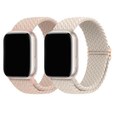 Imagem de Pacote com 2 pulseiras trançadas elásticas compatíveis com Apple Watch 49 mm, 46 mm, 45 mm, 44 mm, 42 mm, 41 mm, 40 mm e 38 mm para séries 11/10/9/8/7/6/5/4/3/SE/Ultra, 2 homens e mulheres (rosa macio