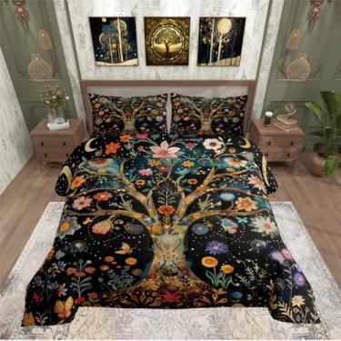 Imagem de Castle Fairy Conjunto de edredom casal, árvore da vida, boêmio, flores silvestres, folhas, borboleta, edredom acolchoado para crianças, adolescentes, meninas, estilo boêmio, decoração country, 2