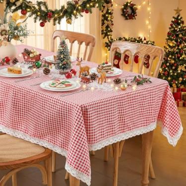 Imagem de Moukeren Toalha de mesa xadrez vintage vermelha branca com acabamento em renda, toalha de mesa 132 x 178 cm, retangular, lavável, sem rugas, decoração de mesa para cozinha, jantar, festa, casa, dia