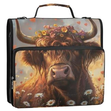 Imagem de Pasta organizadora de 3 anéis com 3 anéis de 3,8 cm, fofas flores de vaca Highland Highland, bolsa organizadora com alça para escola, grande pasta de portfólio com alça