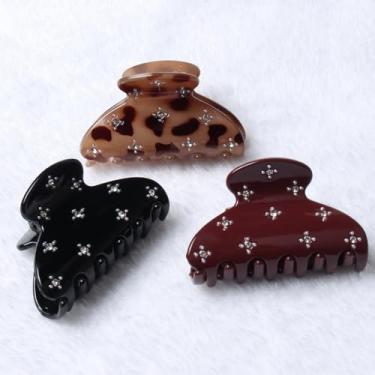 Imagem de Grampos de cabelo médios femininos com 3 unidades de 6 cm de plástico com strass para cabelos grossos e finos, ótimos para penteados até metade do cabelo, clipe de mandíbula antiderrapante