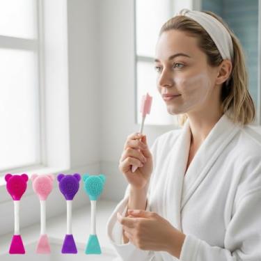 Imagem de 2 peças de silicone esfoliante facial em forma de urso de cabeça dupla para limpeza profunda, massagem facial, remoção de maquiagem, spa de viagem em casa, azul + rosa