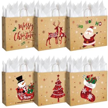 Imagem de 24 conjuntos de sacolas de presente extragrandes de Natal, sacos de lembrancinha vermelha de boneco de neve com papel de seda branco, 6 estilos Kraft Floco de Neve com alça para artigos de festa de