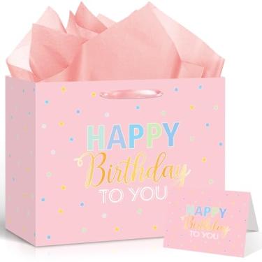 Imagem de Bolsa de presente de aniversário rosa grande com papel de seda rosa e cartão de felicitações, bolsa de papel de aniversário de princesa para meninas, sacolas de presente para festa feminina, chá de