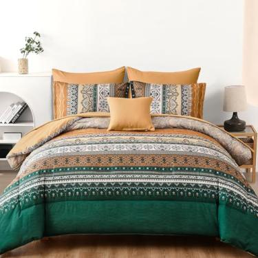 Imagem de Cottolester Conjunto de edredom boêmio, tamanho Queen, 8 peças, marrom e verde, listrado em uma bolsa, conjunto de edredom de microfibra macia Paisley