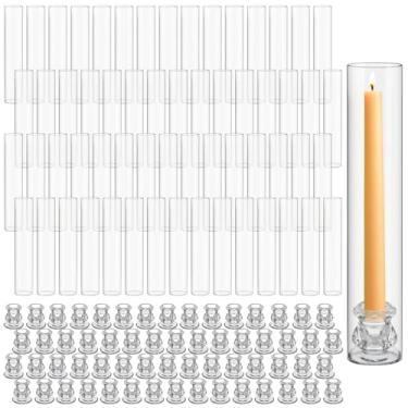 Imagem de Teenyyou Conjunto de 60 castiçais de vidro de Natal Hurricane de 32 cm em formato de tubo sem fundo e castiçal transparente de 5,5 cm para mesa de festa de casamento (transparente)