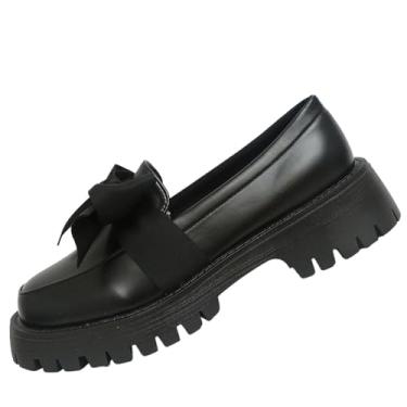Imagem de Mocassins plataforma com detalhe de laço para mulheres, bico redondo, cor sólida, salto grosso, retrô, estilo casual, Preto, 36