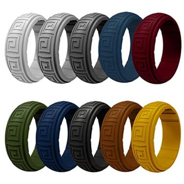 Imagem de AZYOUNG Aliança de casamento masculina de silicone com padrão de 8 mm de largura nas costas, pacote com 10 peças, preto, azul, verde - EUA 7-14, Silicone, Sem pedra preciosa