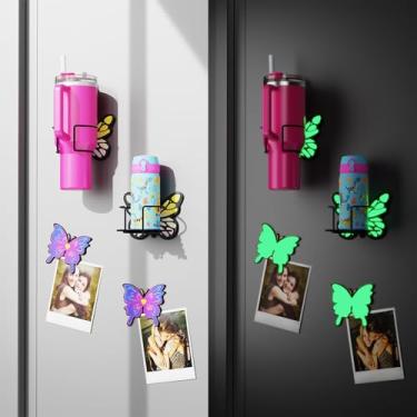 Imagem de Suporte magnético de borboleta luminosa para geladeira, organizador de copos Stanley de metal revestido de PE atualizado com porta-copos magnético que brilha no escuro e suporte adesivo para cozinha