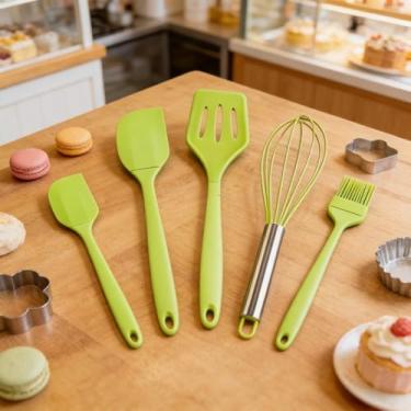 Imagem de Conjunto de 5 espátulas de silicone premium, utensílios de cozinha resistentes ao calor para assar e panelas antiaderentes (verde)