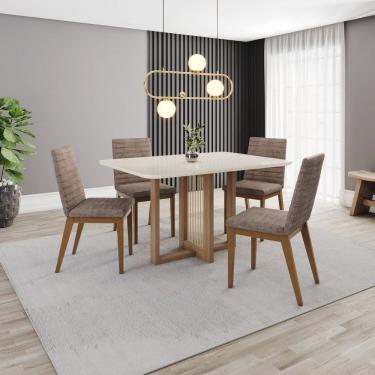 Imagem de Conjunto Mesa Natalí 120cm Canto Arredondado com Vidro 4 Cadeiras Elena Marrom/ Off White/ Cacao
