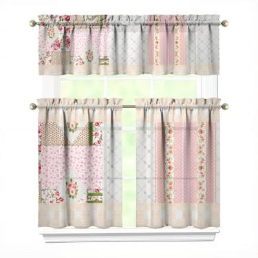 Imagem de Tapesb Conjunto de 3 peças de cortina e saia de cozinha com flores florais engraçadas, cortinas de janela sobre a pia, essenciais para decoração de cozinha, quarto, lavanderia, 70 x 91 cm