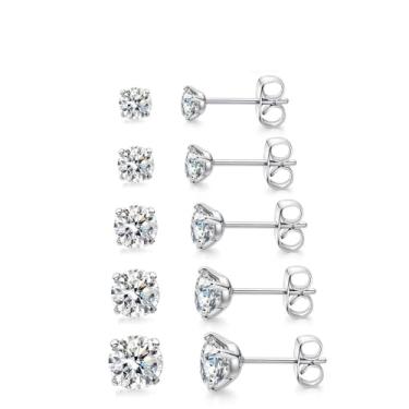 Imagem de 5 peças de brincos pequenos banhados a prata para mulheres minúsculos brincos de zircônia cúbica acessórios hipoalergênicos joias de prata presentes para ela 3-7 mm