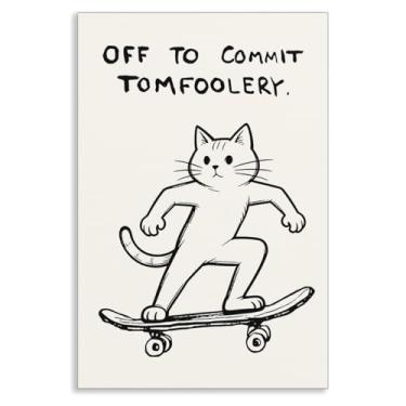 Imagem de perasi Pôster de gato, arte de parede em tela Quote Off To Commit Tomfoolery, estampa legal de gato de skate, pôsteres engraçados de animais para estética de quarto, berçário fofo, decoração de parede
