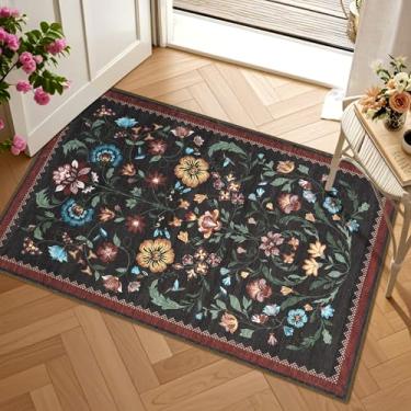 Imagem de GarveeHome Tapete floral para entrada 5 x 7 cm lavável à máquina boho pequena tapete antiderrapante baixo porta da frente tapete macio para entrada, quarto, cozinha, lavanderia, banheiro, vermelho