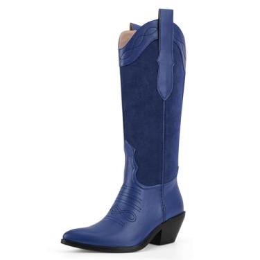 Imagem de VOZTOLLS Botas de cowboy ocidentais para mulheres, cano alto, bico fino, salto grosso, moderno, retrô, clássica, sem fecho, bota alta para mulheres, outono e inverno, Azul marinho, 35