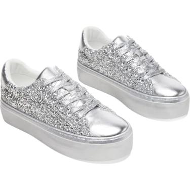 Imagem de AISFAES Tênis feminino com plataforma com glitter, cadarço brilhante, grosso, moderno, cano baixo, confortável, metálico, lantejoulas, tênis de caminhada, Glitter prateado, 35