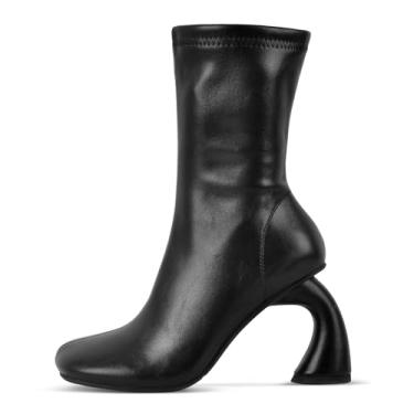 Imagem de pinokino Botas femininas de salto esculpido, botas modernas de salto alto de 9 cm com zíper lateral, bico quadrado de couro PU, Couro preto, 38