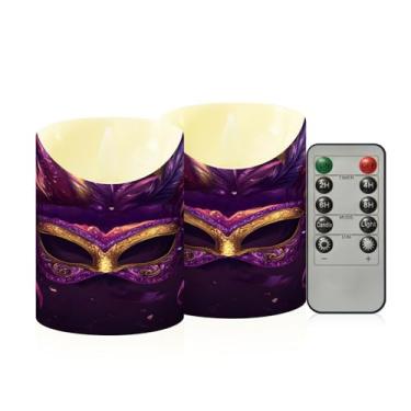 Imagem de Wassud Pacote com 2 máscaras de carnaval com penas sem chamas com controle remoto, velas realistas cintilantes com temporizador, velas decorativas para Natal, casamento, festa, decoração de casa
