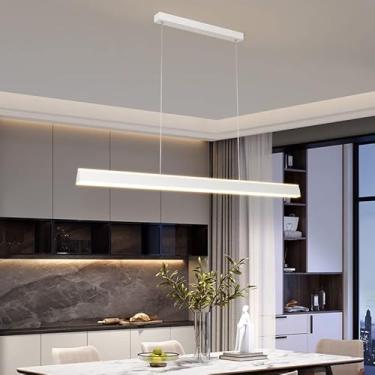 Imagem de Luminária pendente LED para mesa de jantar, design linear moderno, lustre para sala de estar, dimerizável (3000K-6000K), com controle remoto e altura ajustável (branca, 100cm de comprimento)