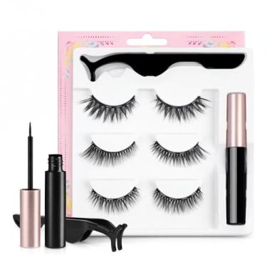Imagem de Cílios Falsos Magnéticos Naturais Espessos Extensão de com Pinça e Eyeliner Longa Duração Uso Sem Dor em Fita Completa Feitos à Mão Autênticos para Maquiagem Pessoal Profissional