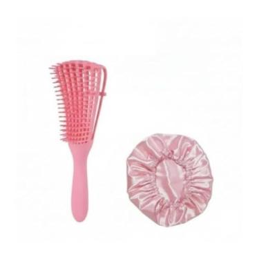 Imagem de Kit Escova Polvo Rosa + Touca de Cetim com Estampa Aleatória – Desembaraçador de Cabelo, Reduz Frizz e Quebra, Uso Diário