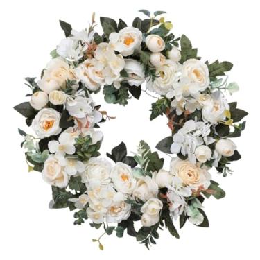 Imagem de oshhni Guirlanda artificial de 45 cm de diâmetro com peônias e rosas para porta de entrada, festa, decoração de parede externa, guirlanda para janela e, Branco