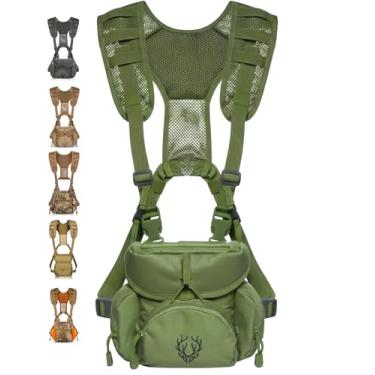 Imagem de Pacote de peitoral de arnês binóculo – Arnês Bino leve com bolsa Rangefinder, equipamento silencioso para caça e estojo binóculo com sistema MOLLE, equipamento de propriedade de veteranos, verde