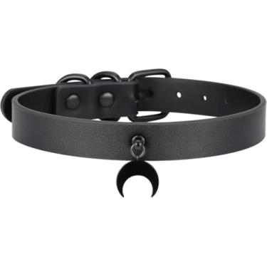 Imagem de NEWZEST Gargantilha feminina de couro sintético preto, colar ajustável de couro sintético com pingente crescente, acessório de moda gótica minimalista para cosplay, festa e noite