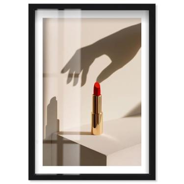 Imagem de Batom vermelho Shadowbox Print Glam Wall Decor por Notoriart, moldura preta, 28 x 40 cm